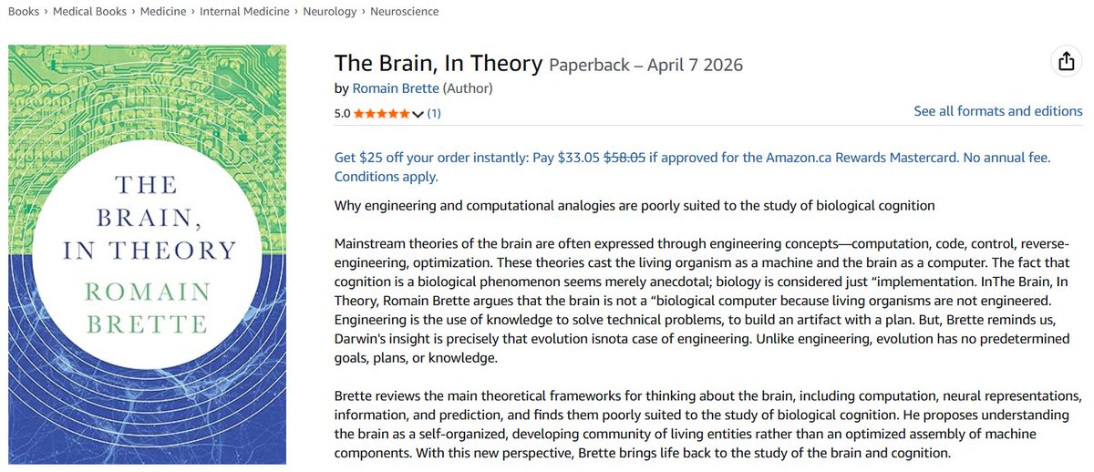 AI_4_Healthcare's tweet photo. 𝑻𝒉𝒆 𝑩𝒓𝒂𝒊𝒏, 𝑰𝒏 𝑻𝒉𝒆𝒐𝒓𝒚 ... a 📘 

↗️This non-AI Book is ... well, a timely AI Book and an early candidate for the best read of 2026. 

🥊 It's a counter-punch to several BigTech bros and AI KOLs, including medical influencers here on @X, who obtusely opine on the complex and continually evolving world of neuroscience. 

🇫🇷  Dr. Romain Brette, a prominent French neuroscientist and leader in the field of neuroinformatics, challenges the dominant engineering, computational, and "neural coding" metaphors used to explain brain function. 

🧠 He argues that treating the brain as a computer that "encodes" and "decodes" information is ill-suited to the study of brain cognition and dismisses the intrinsic, goal-oriented reality of biological organisms.

💡He proposes understanding the brain as a self-organized, developing community of living entities rather than an optimized assembly of machine components.

Amazon:
🔗https://t.co/FrJZLBL21Z

Nature: 
🔗https://t.co/AtpAyauuNT