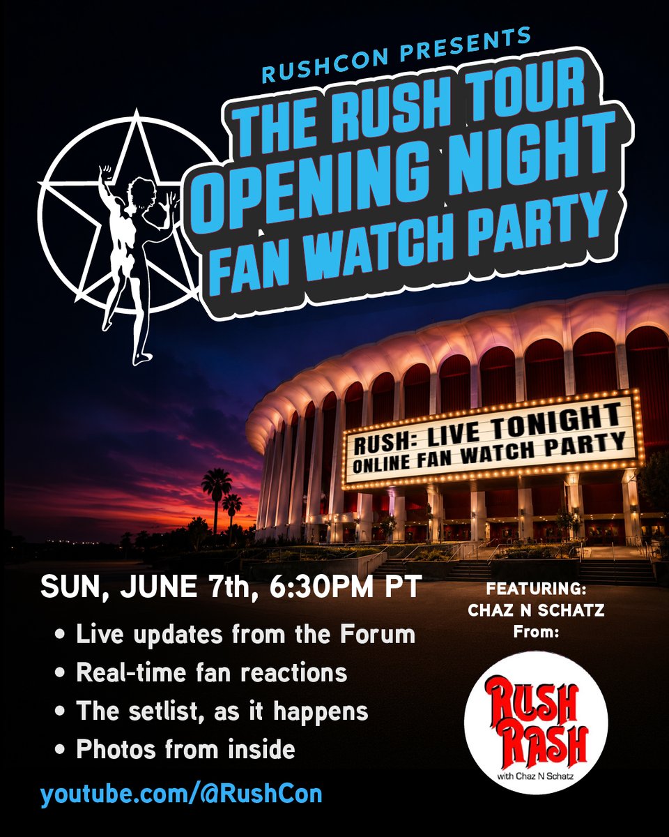 rushisaband's tweet photo. Can't be there for opening night of #Rush's "Fifty Something" tour next week? No problem- @RushCon has you covered; they'll be hosting a "Rush Tour Opening Night Watch Party" via their YouTube channel featuring Chaz N Schatz from the RushRash podcast ... https://t.co/u6JC6nyKAn https://t.co/5flm4Ryk50