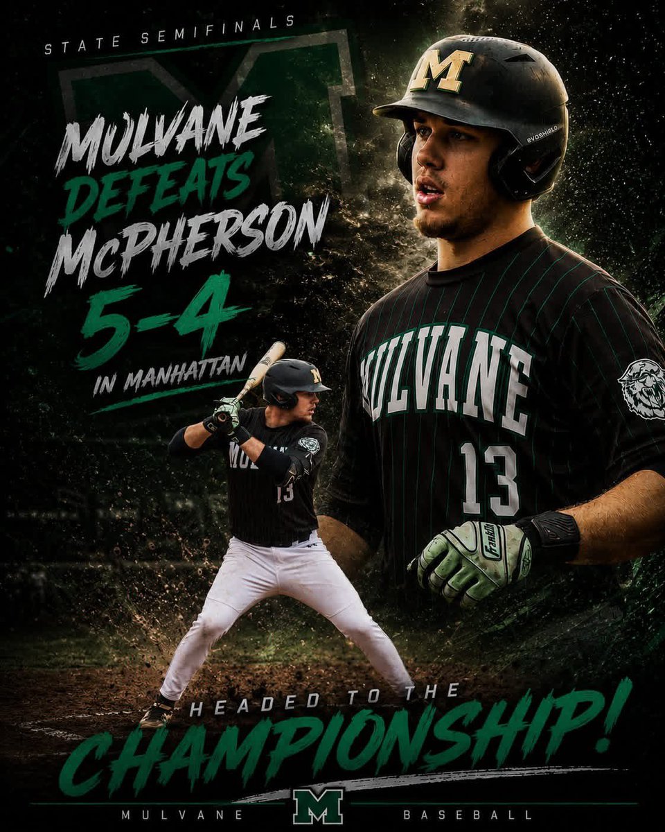 MulvaneSports's tweet photo. Mulvane is headed to the State Championship.

Bottom of the 7th.
Bases loaded.
2 outs.

Hagen Warkins stepped in and delivered the walk-off single that brought Manny Myers home and sent the Wildcats to the title game.

FINAL - Mulvane 5, McPherson 4.

Survive and advance. 1 more! https://t.co/33t1qmN91D
