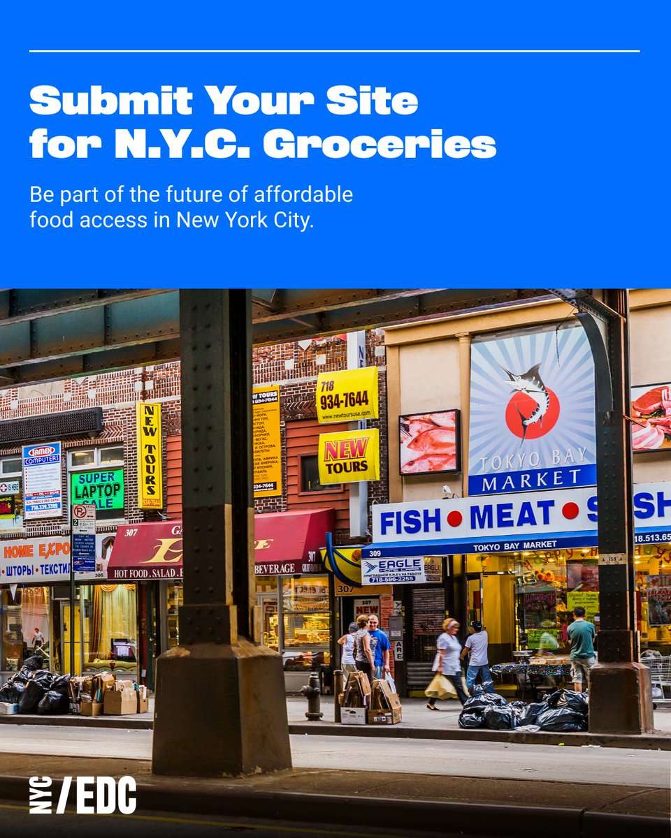 NYCEDC's tweet photo. 📢 Calling all retail property owners in Brooklyn, Queens &amp; Staten Island looking to drive foot traffic through an onsite grocery store!

As part of N.Y.C. Groceries, we launched the N.Y.C. Groceries Sites Portal to identify potential grocery store locations in those boroughs.🧵 https://t.co/BnfyOn08Tm