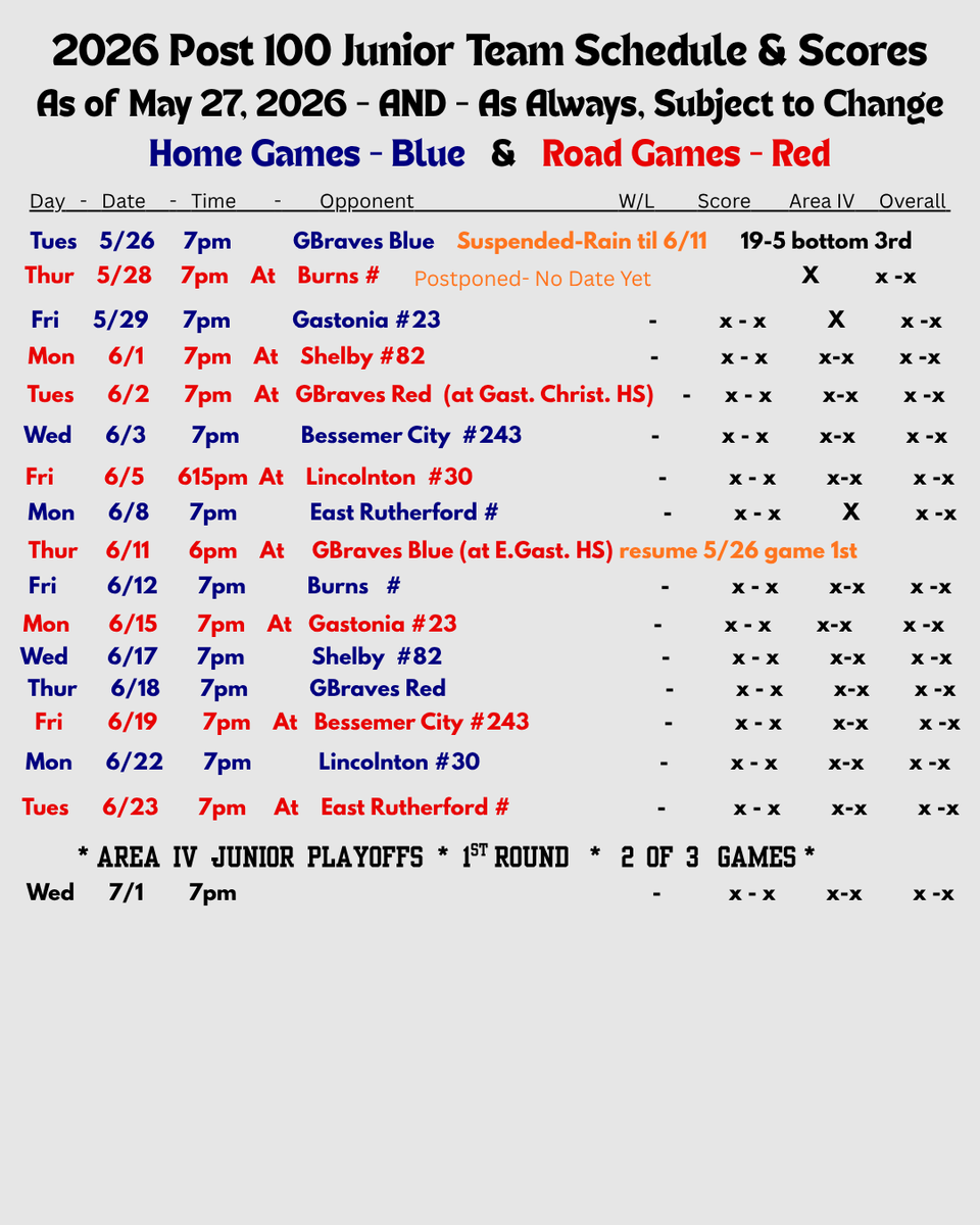 NCPost100's tweet photo. Updated Schedules for the Jr. &amp; Sr. Team. 
Jrs. play next at home Friday, May 29, 7pm.  
Srs. still scheduled to play next at home Sunday, May 31, 7pm https://t.co/bjSXUZ9I4w