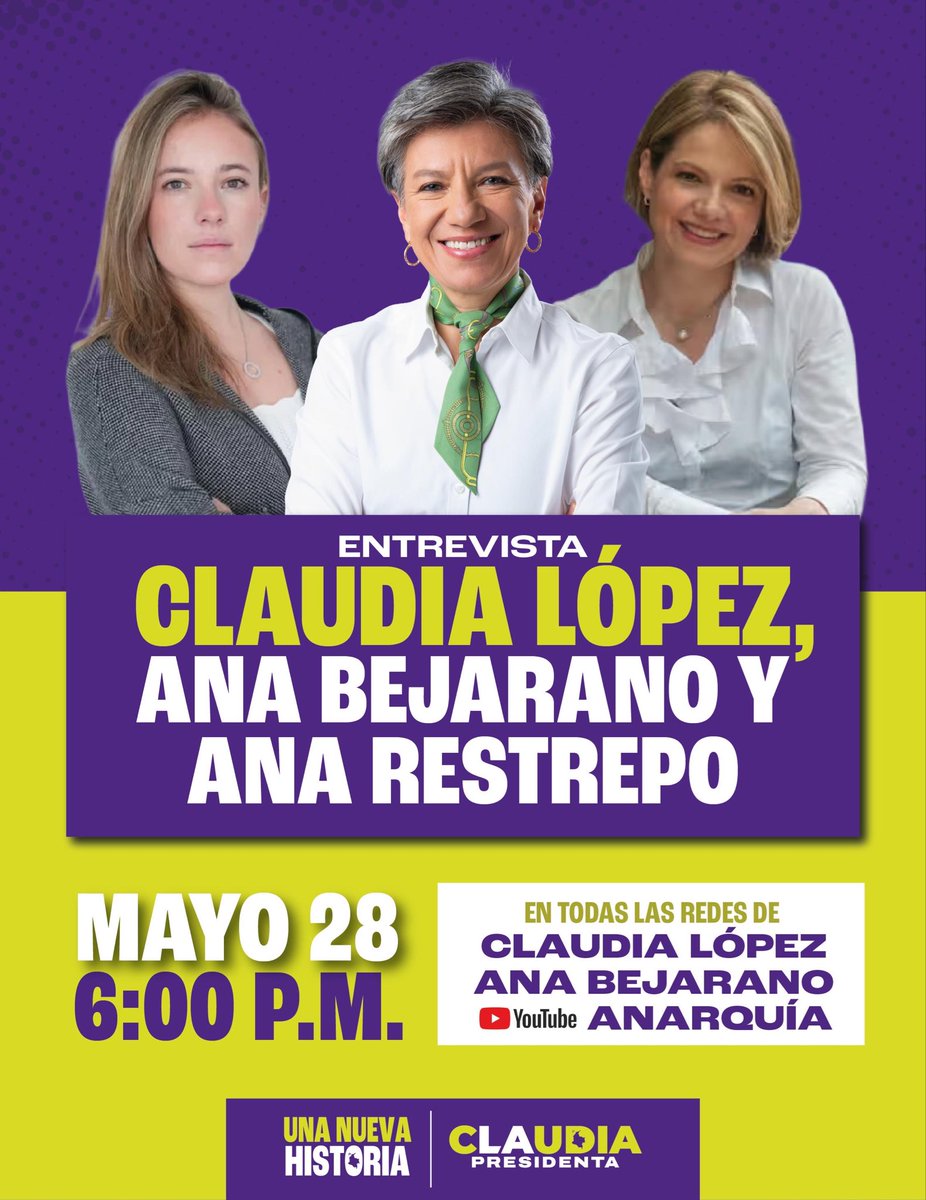 ClaudiaLopez's tweet photo. Hoy tenemos una cita muy especial a las 6:00 P.M con dos mujeres, inteligentes y valientes, @AnaBejaranoRG y @anacrisrestrepo, para conversar sobre el país que soñamos y cómo vamos a construir una Colombia con más oportunidades, seguridad y dignidad para las familias. 💜🇨🇴

¡Nos vemos en un rato! 💪🏻⬇️