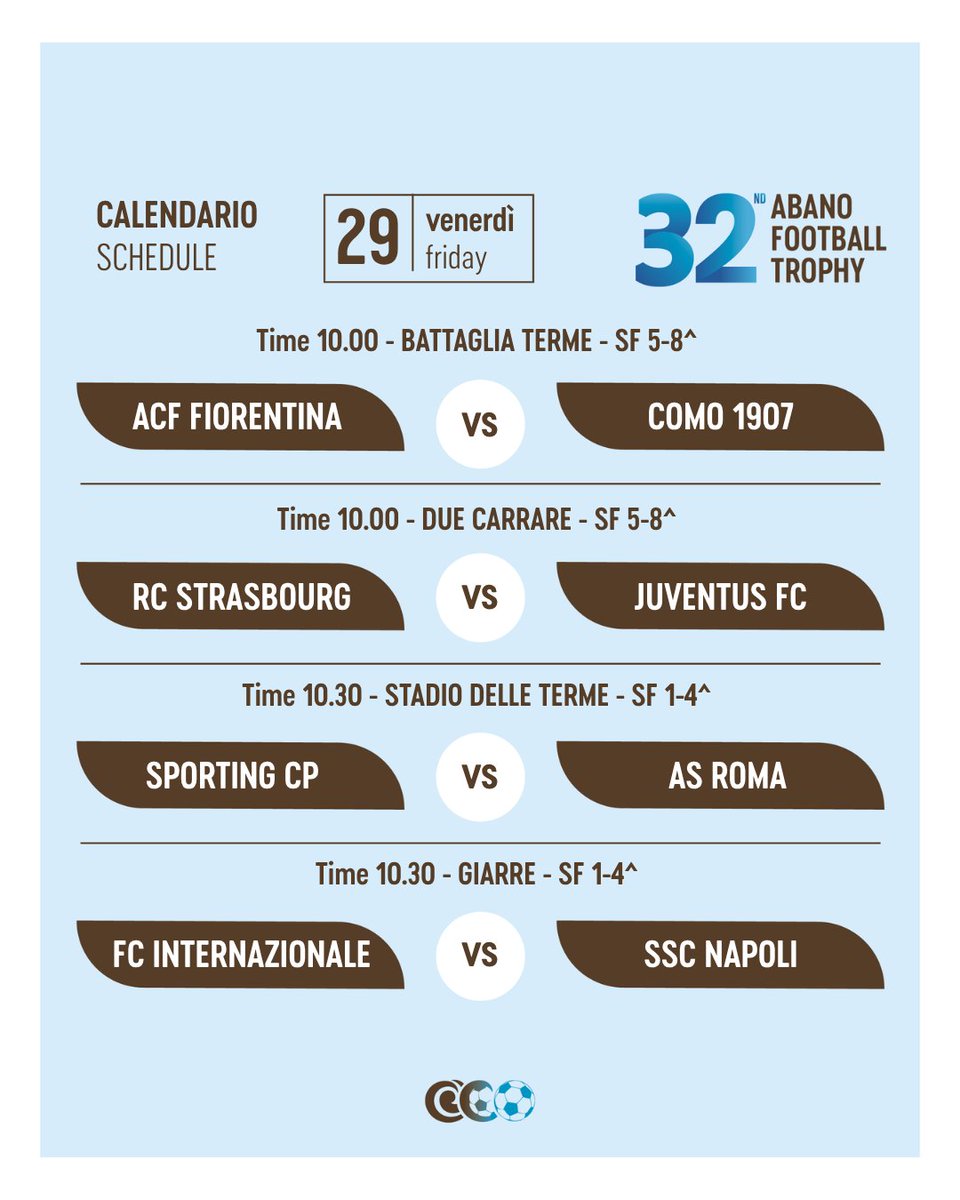 AbanoTrophy's tweet photo. 🇮🇹 Ultimo giorno di torneo ⚽
Il calendario delle partite di domani: aggiornamenti in arrivo con gare del pomeriggio e finale serale 🏆

🇬🇧 Final tournament day ⚽
Check tomorrow’s schedule: updates to follow with afternoon games and the evening final 🏆

#AbanoFootballTrophy https://t.co/OYG8jRxTxU