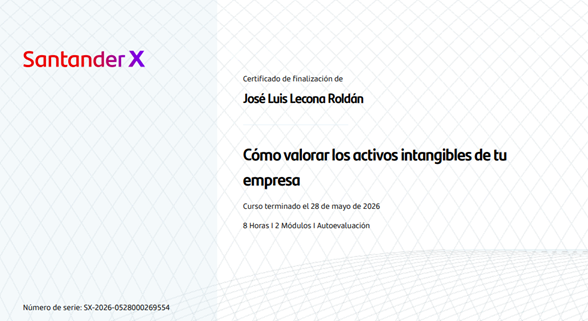 JLLeconaMBA's tweet photo. Mayo 2026

Comprometidos con los intereses de los miembros del ecosistema de @FXGlobal compartimos Certificado de finalización del Curso “Cómo valorar los activos intangibles de tu empresa” emitido por @SantanderX en favor de @JLLeconaMBA Founding &amp; Managing Partner de @FXGlobal https://t.co/MDzkeIYaBl