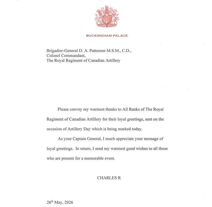 DavidGrebstad's tweet photo. His Majesty King Charles III, our Captain General, provided this kind response to the message of loyal greetings sent to him by the Colonel Commandant of the Royal Regiment of Canadian Artillery. Ubique. https://t.co/87ffJChF2N