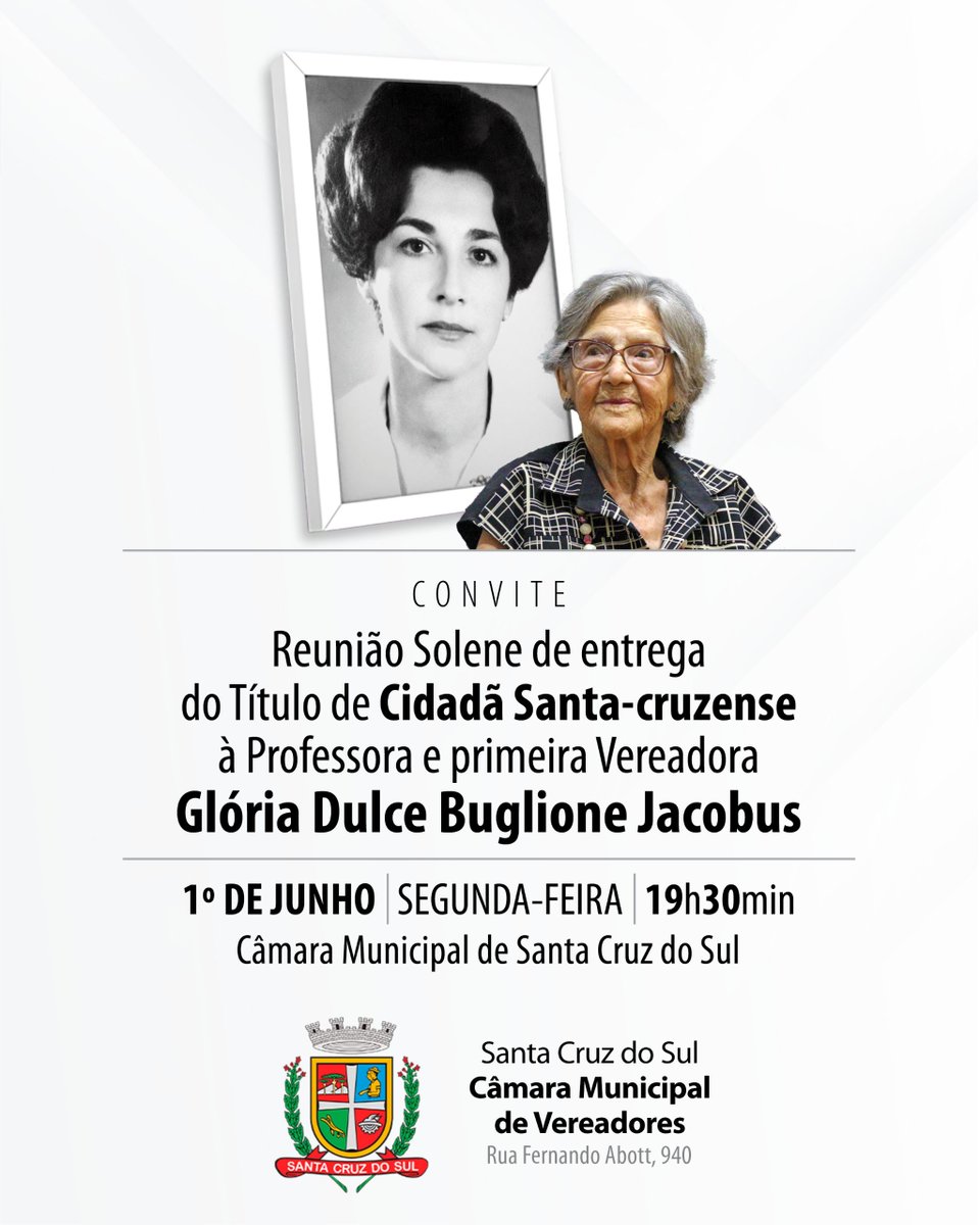 HeckAlberto's tweet photo. 📌 Segunda-feira, 1º de junho, às 19h30min, na Câmara de Vereadores, teremos um momento especial, homenageando a primeira mulher vereadora de Santa Cruz do Sul. https://t.co/suDEBp2Gdy