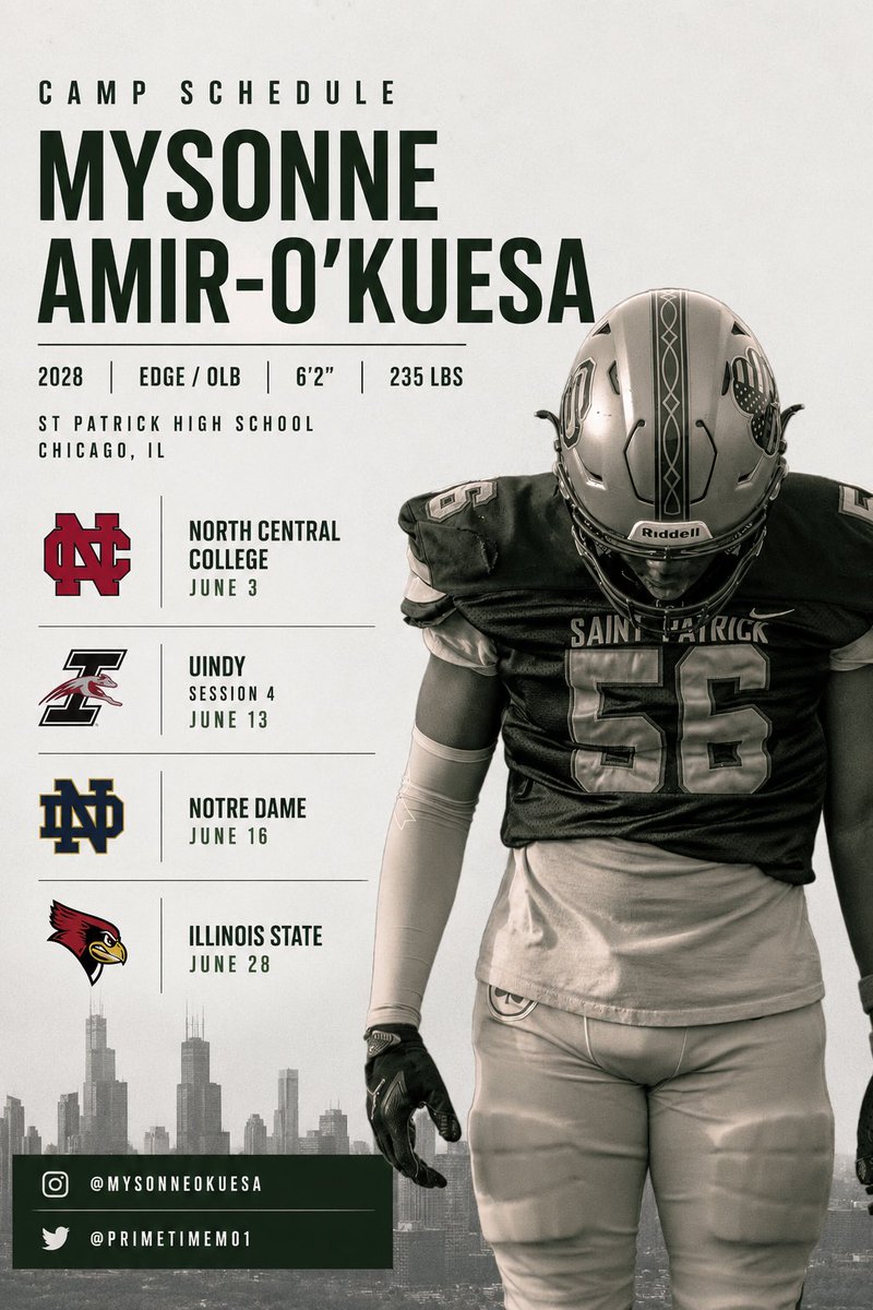 primetimemo1's tweet photo. Here’s my Camp Schedule for this summer! Can’t wait to kick things off and have an Explosive Junior Year!

@StPatrickFB @underdogrush @Miggy7753 @misterCoachZib https://t.co/vMqxAJ83Mr