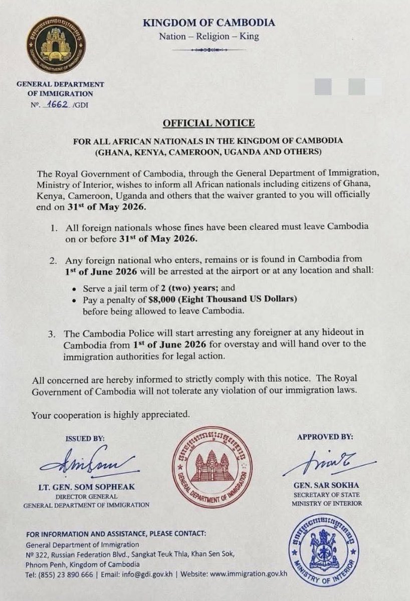 Vitamvivere's tweet photo. Cambodia just ended its temporary visa waiver for nationals from Ghana, Kenya, Cameroon, Uganda & others — effective May 31, 2026.

Why? A massive crackdown on illegal immigration and cyber scam compounds plaguing the country. These operations (romance/investment scams, trafficking) have drawn in overstayers from multiple nations. The waiver gave some time to pay fines and leave; now it’s over.

Result: overstayers face arrest, up to 2 years jail, and $8,000 fines before deportation.

This isn’t random — it’s part of a wider cleanup hitting Chinese, Indian, and other networks too. 

Cambodia’s tired of being “Scambodia.”