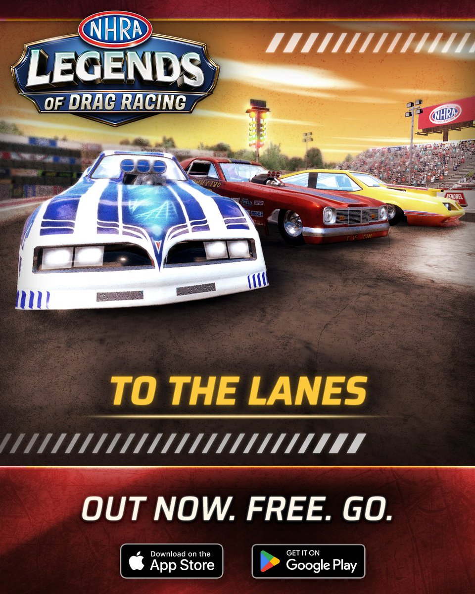 NHRA's tweet photo. The NHRA Legends of Drag Racing mobile game is NOW AVAILABLE! 

Download 📲 https://t.co/Lzpr4sW7FX
More info 📝 https://t.co/v43KSi0v2y https://t.co/JUOkmZtMkt