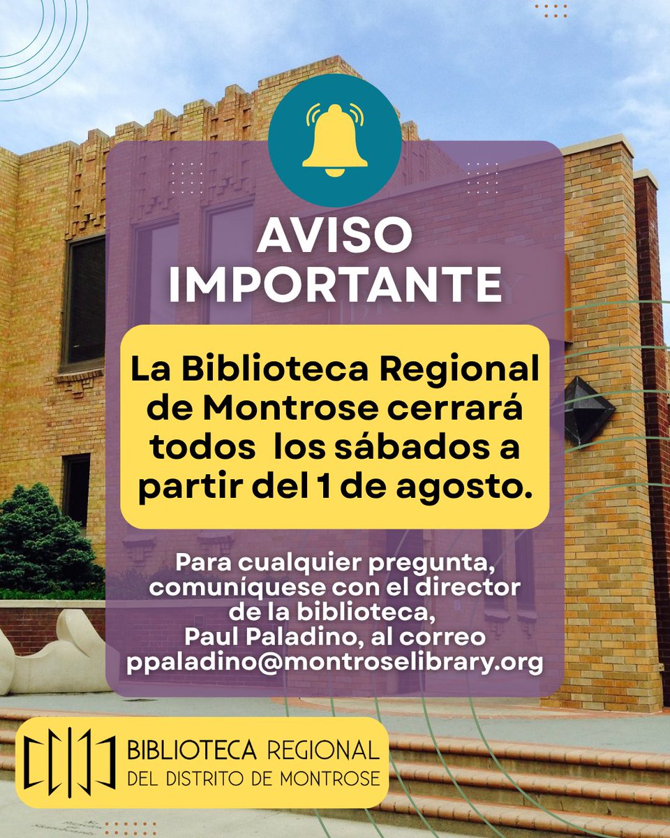 MontroseLibrary's tweet photo. ⚠️IMPORTANT ANNOUNCEMENT⚠️ Montrose Regional Library’s main branch will be closed on Saturdays starting August 1st. Questions should be directed to Library Director, Paul Paladino, at ppaladino@montroselibrary.org.

#MontroseRegionalLibrary #MontroseCO https://t.co/UjB9PNYmdC