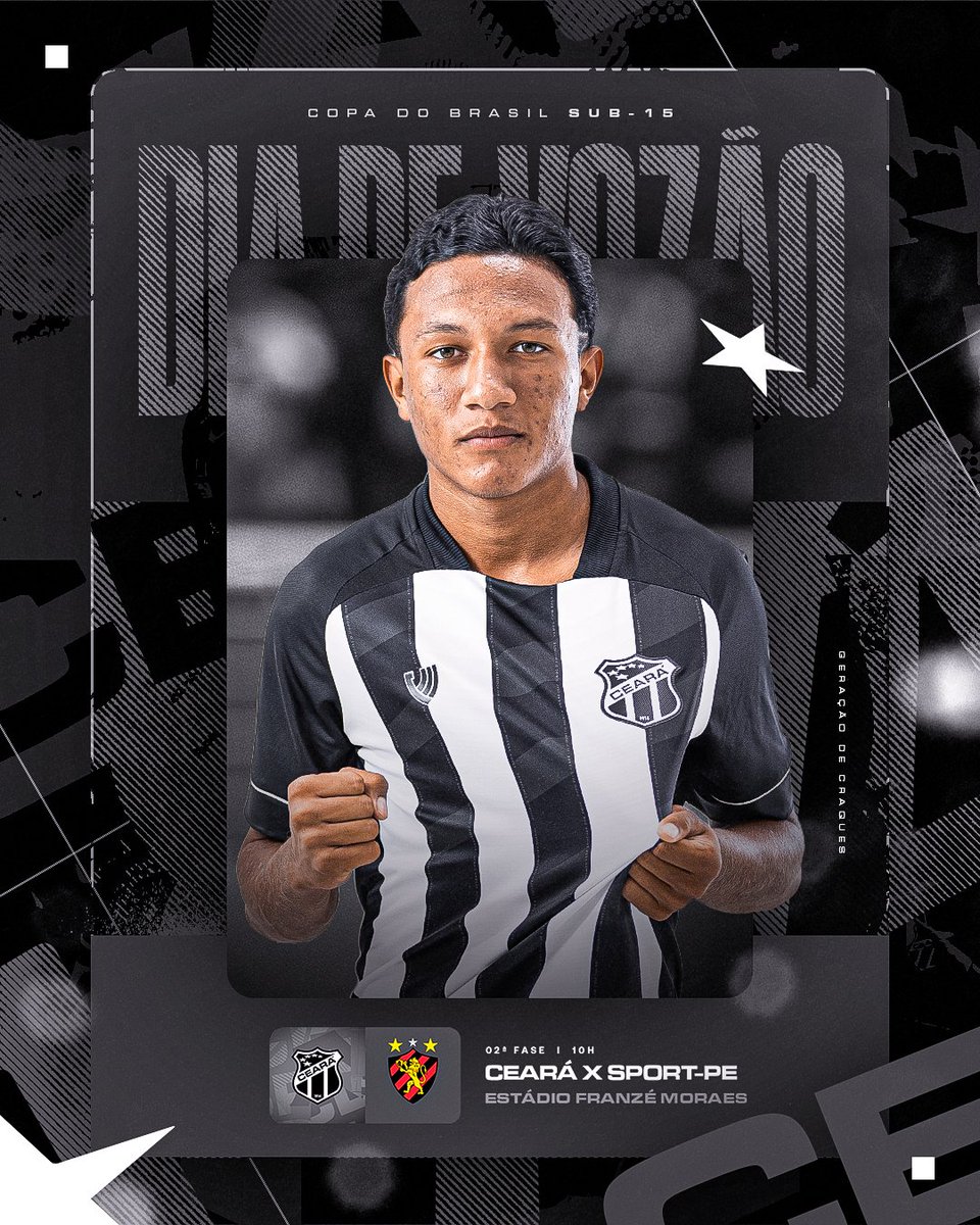 timeceara's tweet photo. Dia de Copa do Brasil Sub-15 para o Vozão! 🖤🤍

Na manhã deste domingo (30), o Ceará entra em campo para enfrentar o Sport, às 10h, na Cidade Vozão, em mais um importante desafio da competição. 🏟️

É dia de apoiar em busca da vitória!

VAAAAAMO, VOZÃO! ⚫⚪

#CearáSC #TimeCeará https://t.co/xCYhxcySQH