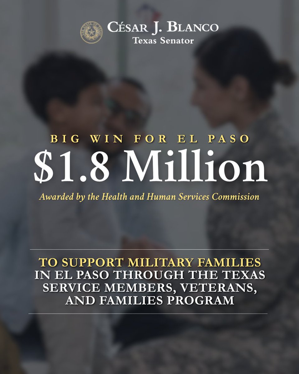 CesarJBlanco's tweet photo. ICYMI: More than $1.8 million in state funding is coming to El Paso to support military and veteran families through counseling, parenting support, education, and youth development programs at the Child Crisis Center of El Paso and El Paso Center for Children.

Our military families make tremendous sacrifices in service to our country, and it’s important we continue supporting them not just during deployment, but here at home too. Proud to help deliver this funding to El Paso. #txlege @TexasHHSC @Childcrisiseptx @EPCCINC