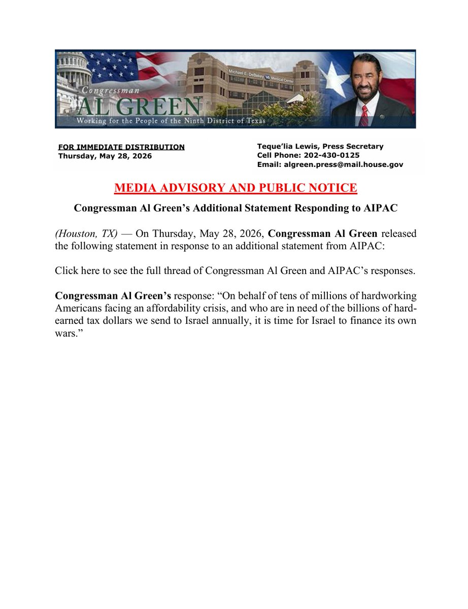 RepAlGreen's tweet photo. Congressman Al Green’s Additional Statement Responding to AIPAC.

Click here to see the full thread of Congressman Al Green and AIPAC's responses: https://t.co/5jp9G2ZXzp https://t.co/bS3xZDFUPk