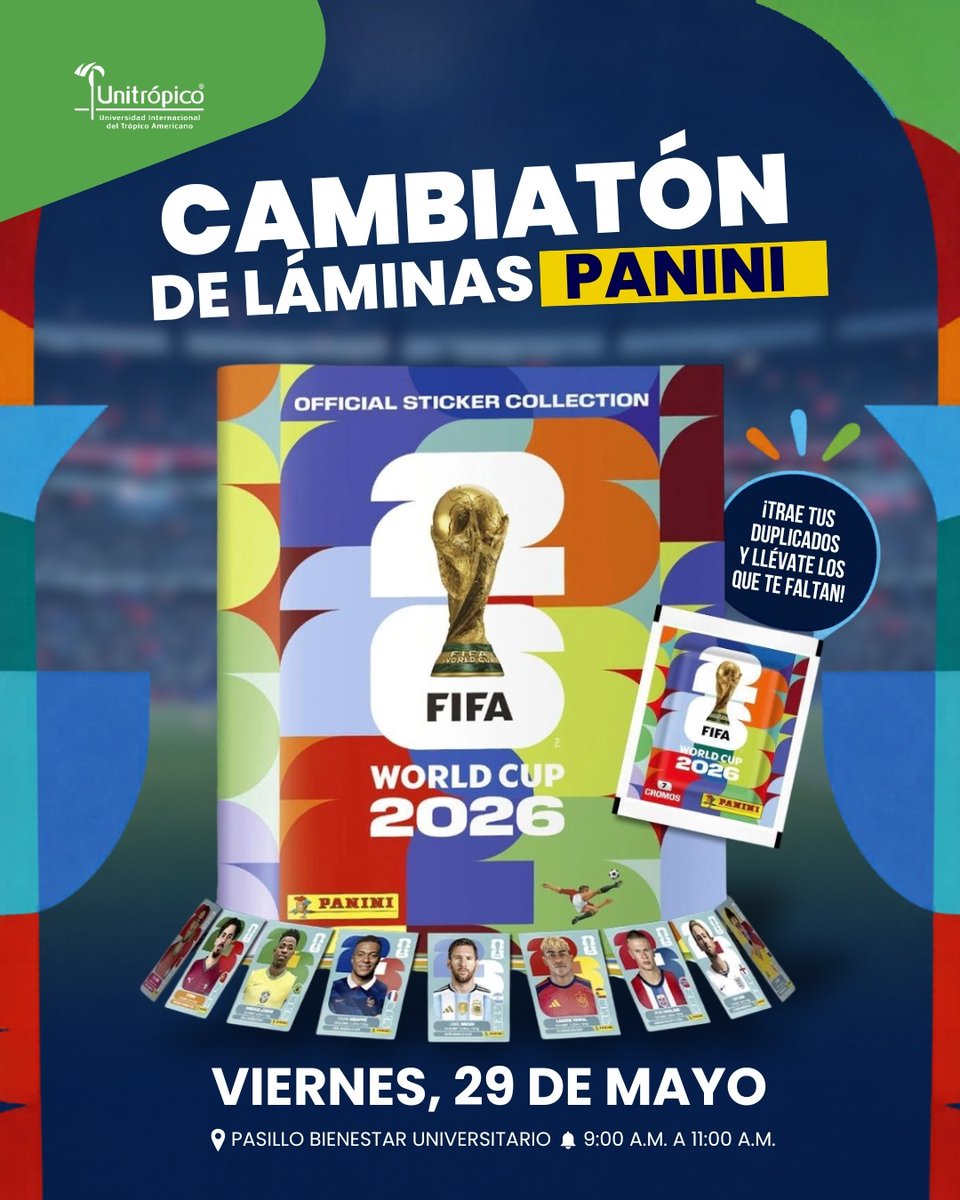 Unitropico's tweet photo. Este viernes llega la Cambiatón de Láminas Panini 📖

Trae tus láminas repetidas, intercambia con tus compañeros y consigue las que te faltan para completar el álbum del Mundial 2026. 🌎

¡Nos vemos para compartir la fiebre mundialista y seguir llenando el álbum juntos! 💙💛❤️ https://t.co/0F5QHtQOEF