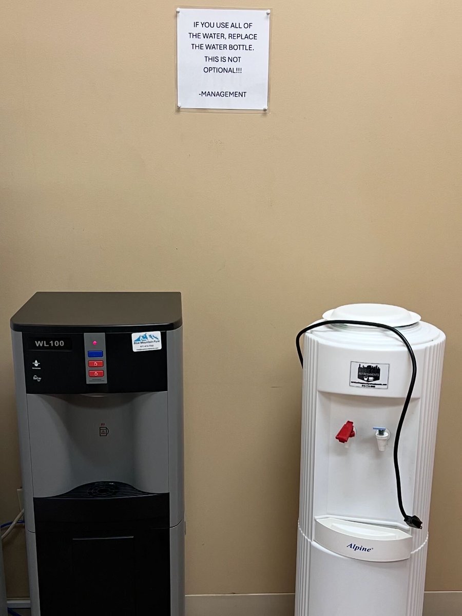 MtnPure's tweet photo. Before switching to Blue Mountain Pure, this customer had to deal with the “who left the cooler empty” drama.  

Now they will get crisp, clean, endless water without the heavy lifting or drama.  

#bluemountainpure #bottlelesswatercooler https://t.co/VxvVEyzlxn