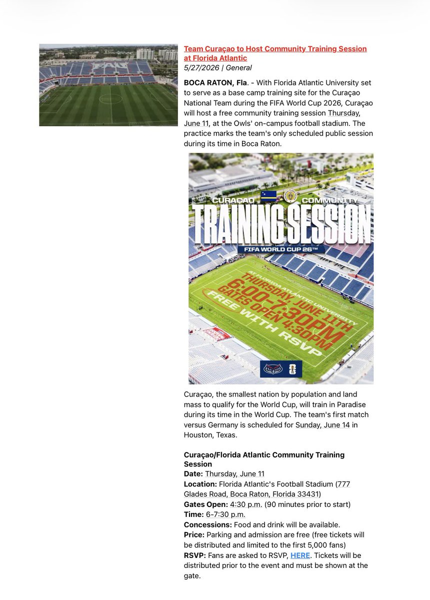 WPBF_Yianni's tweet photo. INBOX: FAU will allow fans into Curaçao’s World Cup training session on June 11th inside football stadium 

(This is a cool opportunity. Portugal’s training in Palm Beach Gardens is closed to public)

@WPBF25News https://t.co/AUy3BKElGy