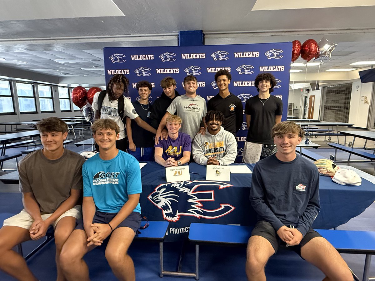 EsteroFB's tweet photo. GREAT DAY celebrating Kegan &amp; Mike signing to play college football!! Two of the best to ever do it at Estero!! Surrounded by family, teammates, coaches, &amp; friends! Love you guys &amp; can’t thank you enough! The journey continues!! Keep being great!! 
@KeganKreuscher 
@MikeLau24 https://t.co/FPZIz1HhfG
