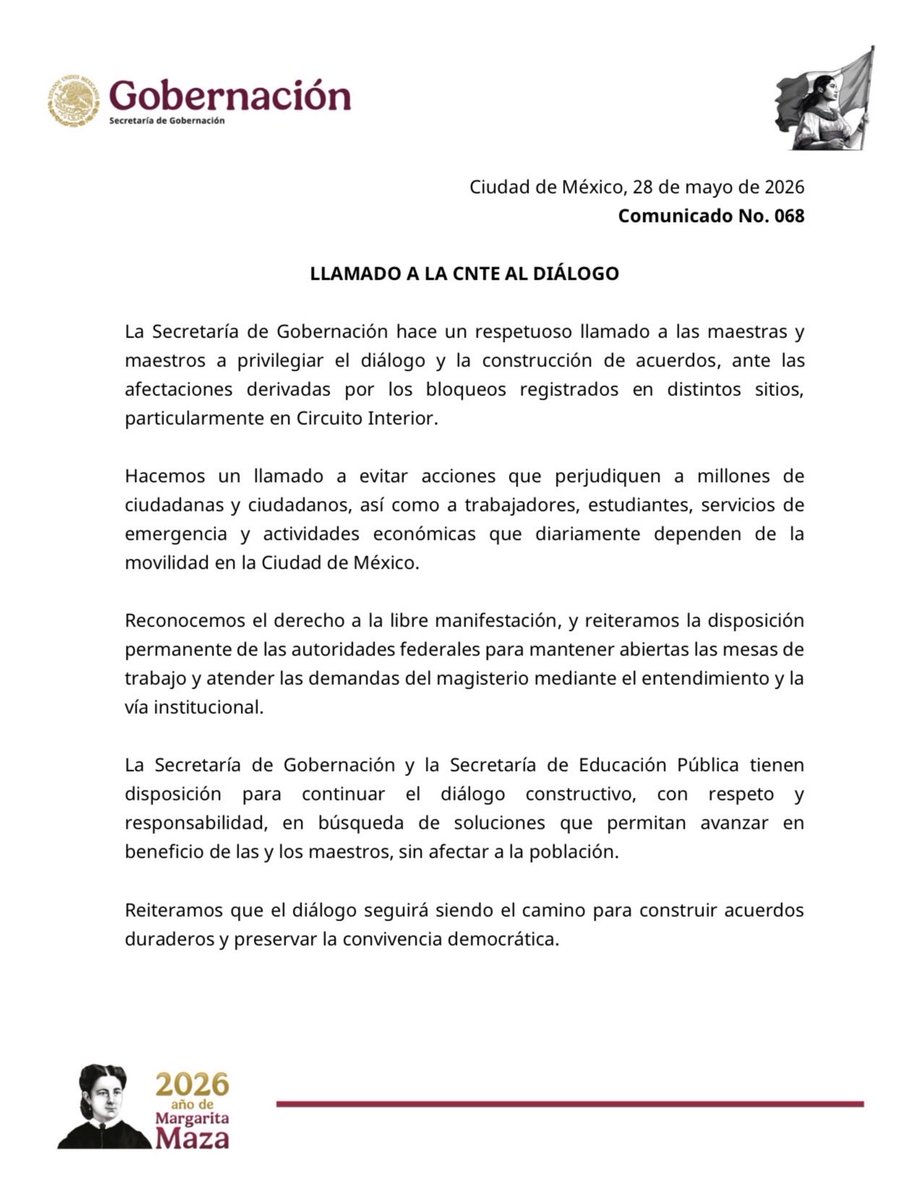 SEGOB_mx's tweet photo. #SEGOBInforma 📢
Llamado a la CNTE al diálogo

📄  Comunicado: https://t.co/tNZu4fk87V https://t.co/tjynN5ztYD