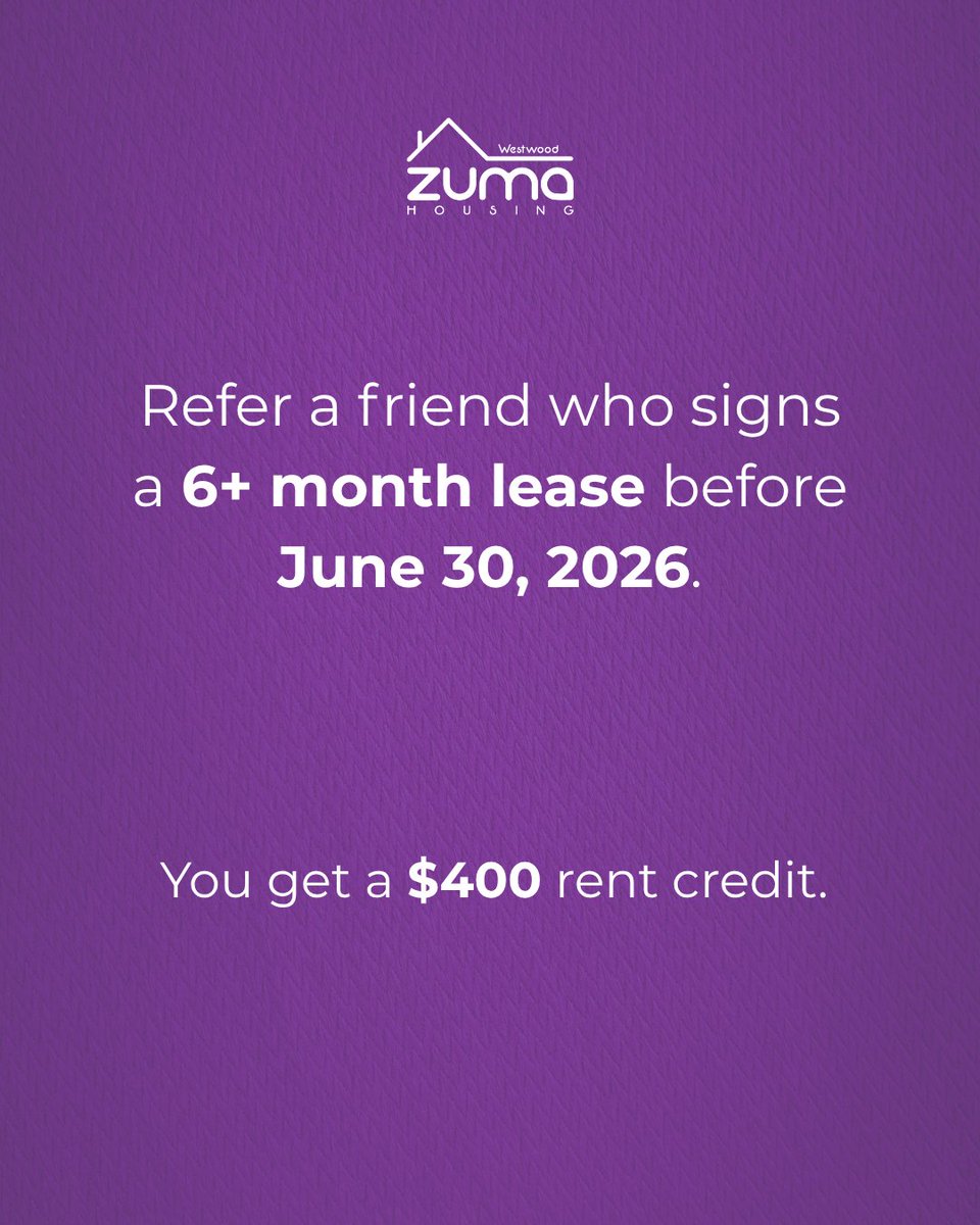 ZumaHousing's tweet photo. Your friend gets housing, you get $400… sounds like a win-win to us 😌💸

Refer someone who signs a 6+ month lease before June 30, 2026 and receive a $400 rent credit.

Start referring here 👇
https://t.co/wH2L53nU3m https://t.co/M4igBVYbny