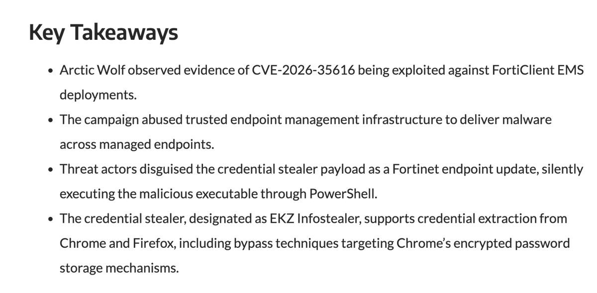 IntCyberDigest's tweet photo. ‼️🚨  Hacked Fortinet FortiClient EMS servers are  pushing infostealer malware disguised as a Fortinet patch to every managed endpoint. 

Attackers exploit CVE-2026-35616 to take the server, then abuse FortiClient's own management channel to deploy it. Patch now! https://t.co/i3Wb7fEuRK