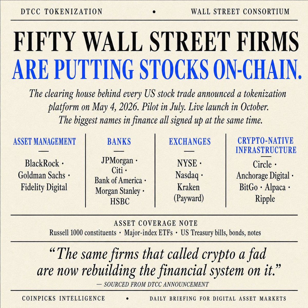 alexelorenzo's tweet photo. Bitcoin at a 6 week low. ETF outflows screaming. Everyone calling it over.

Meanwhile the clearing house behind every US stock trade since 1973 just announced it's moving on chain.

DTCC's tokenization platform launched May 4, 2026. Fifty Wall Street firms signed on at the same time.

Asset Management: BlackRock. Goldman Sachs. Fidelity Digital.

Banks: JPMorgan. Citi. Bank of America. Morgan Stanley. HSBC.

Exchanges: NYSE. Nasdaq. Kraken.

Crypto Native: Circle. Anchorage Digital. BitGo. Alpaca. Ripple.

Asset coverage: Russell 1000 stocks. Major index ETFs. US Treasury bills, bonds, and notes.

Pilot in July 2026. Live launch in October.

The same firms that called crypto a fad five years ago are now rebuilding the entire financial system on top of it.

The chart is the lie. The calendar is the truth. While retail is panic selling over an Iran headline, the underlying rails of US securities settlement are being rewired in plain sight.

In October, when DTCC flips the switch, the underlying rails of US securities settlement will be different than they were in September. Most investors will never notice. Their advisors won't explain it. The press will cover it as a tech story.

Don't let a red week blind you to the regime change happening underneath it.
