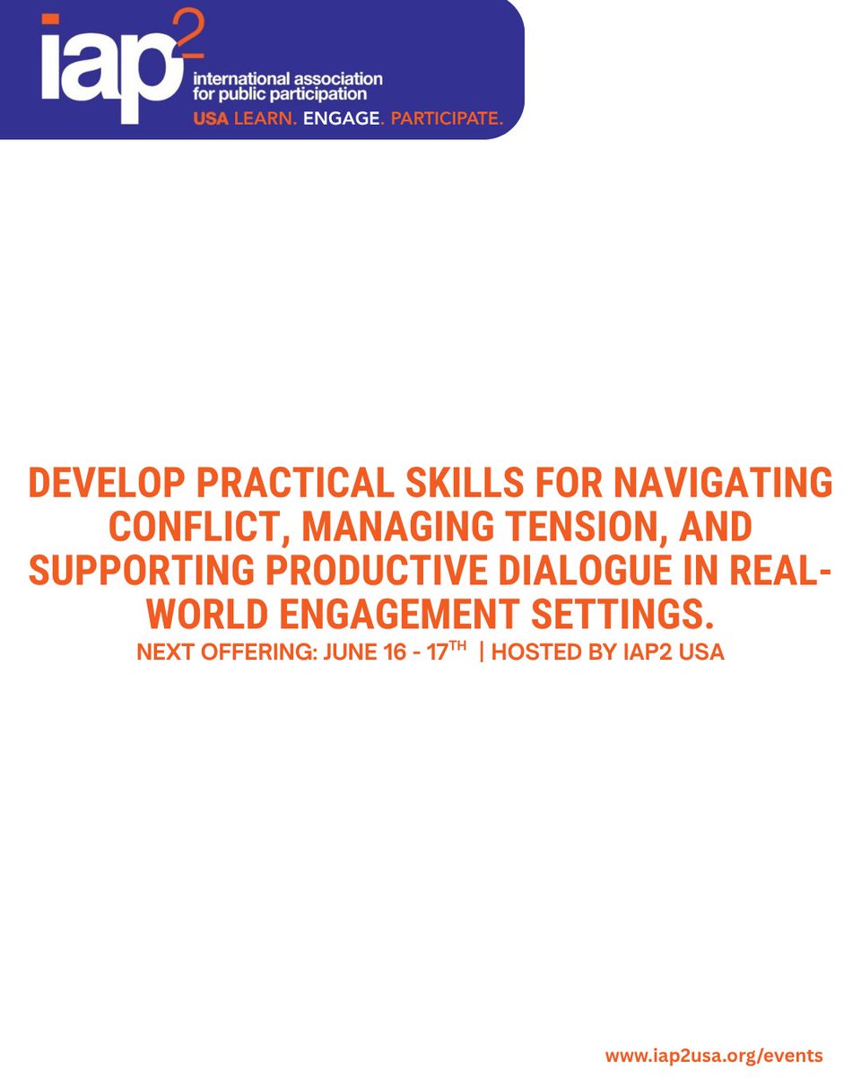 IAP2USA's tweet photo. Conflict is part of engagement work—but navigating it effectively takes skill. Join us June 16–17 for Understanding Conflict and learn practical tools to manage tension, navigate disagreement, and support more productive conversations.

Register today: https://t.co/oaq9YbuvGN https://t.co/fZbUMelKHg