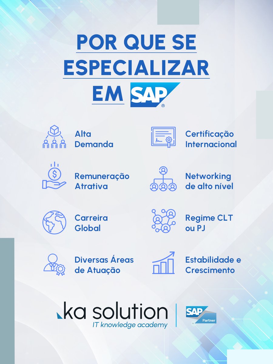 KaSolution's tweet photo. 🚀 Confira as novas turmas oficiais SAP da Ka Solution!

💙 Aprenda com quem é referência oficial SAP no Brasil.

👉 Conheça nossos cursos e acelere sua carreira!
💻 Site: https://t.co/mhrUD9K2NK
➡️ Link Whats: https://t.co/e0wjDmCOSI

#KaSolution #SAP https://t.co/XNcmfAzSKu