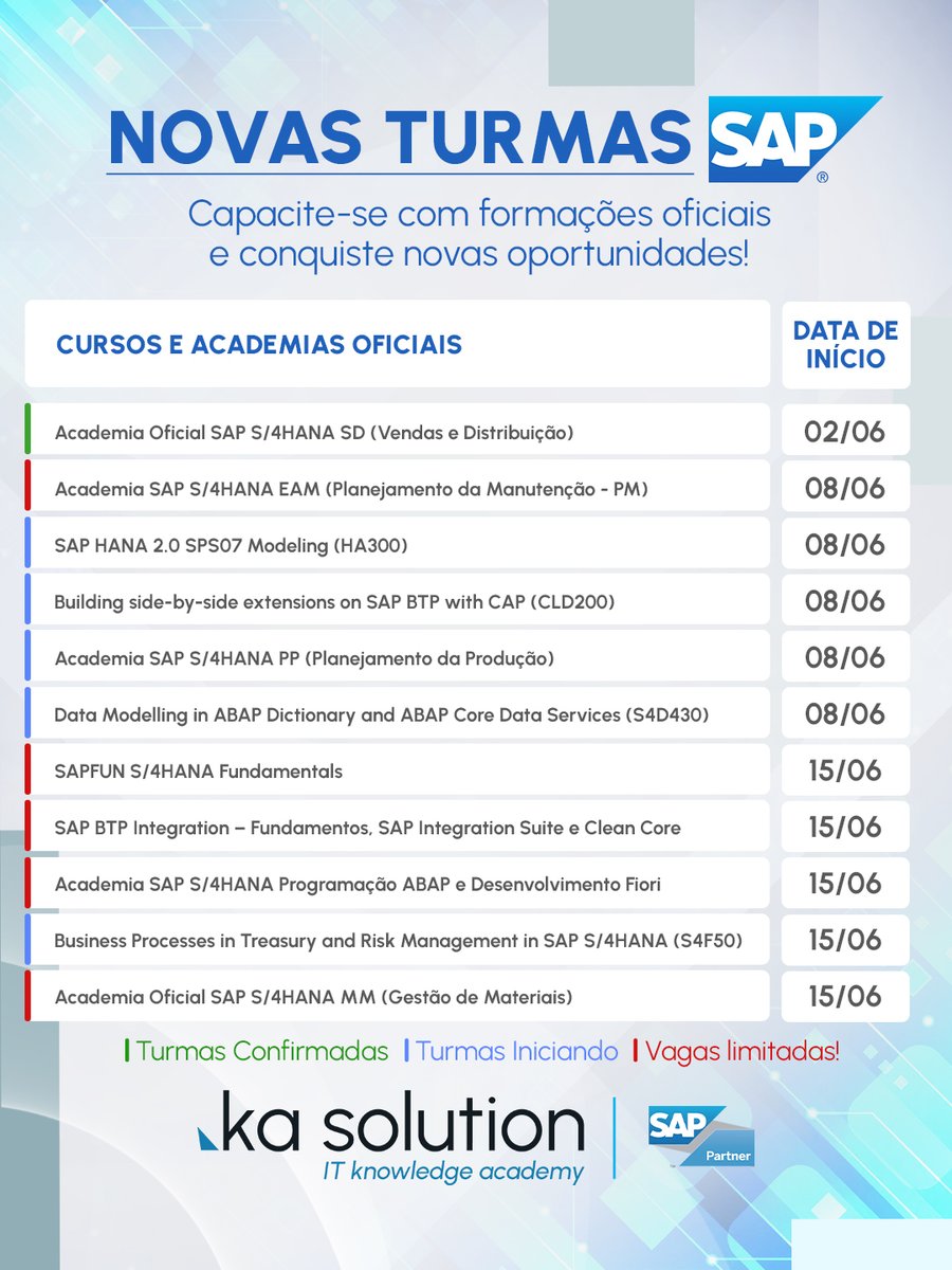 KaSolution's tweet photo. 🚀 Confira as novas turmas oficiais SAP da Ka Solution!

💙 Aprenda com quem é referência oficial SAP no Brasil.

👉 Conheça nossos cursos e acelere sua carreira!
💻 Site: https://t.co/mhrUD9K2NK
➡️ Link Whats: https://t.co/e0wjDmCOSI

#KaSolution #SAP https://t.co/XNcmfAzSKu
