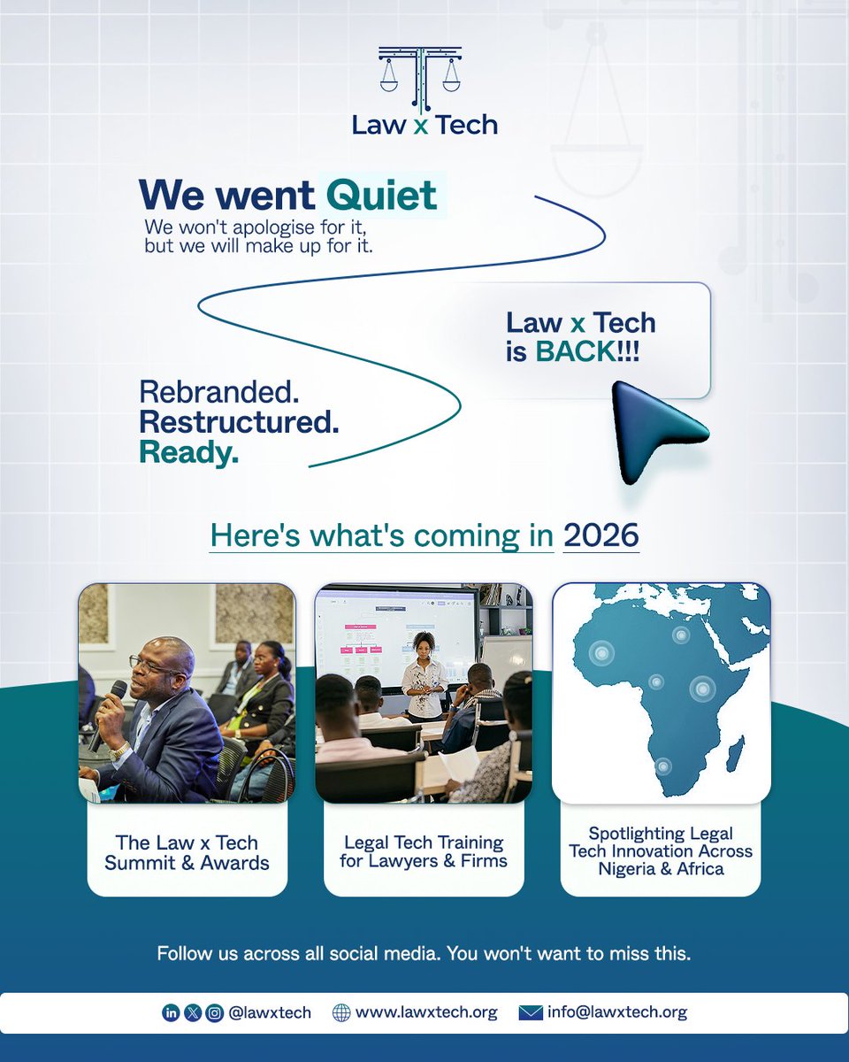 LawxTech's tweet photo. We went quiet. We won't apologise, but we will make it right.

Rebranded. Restructured. Ready.

This year, we will focus on spotlighting legal tech innovations across Africa. 

Stay tuned. You won't want to miss this.

#LawxTech #LegalTech #AfricaLegalTech https://t.co/RwxnA4Ra1e
