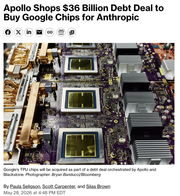 wallstengine's tweet photo. Apollo $APO and Blackstone $BX are shopping a ~$36B debt deal to finance Google TPU chips for Anthropic, per Bloomberg.

The structure would buy the TPUs through an SPV and lease them to Anthropic for AI infrastructure.

$AVGO, which helps Google develop TPUs, is reportedly backstopping payments on the largest senior portions of the deal.