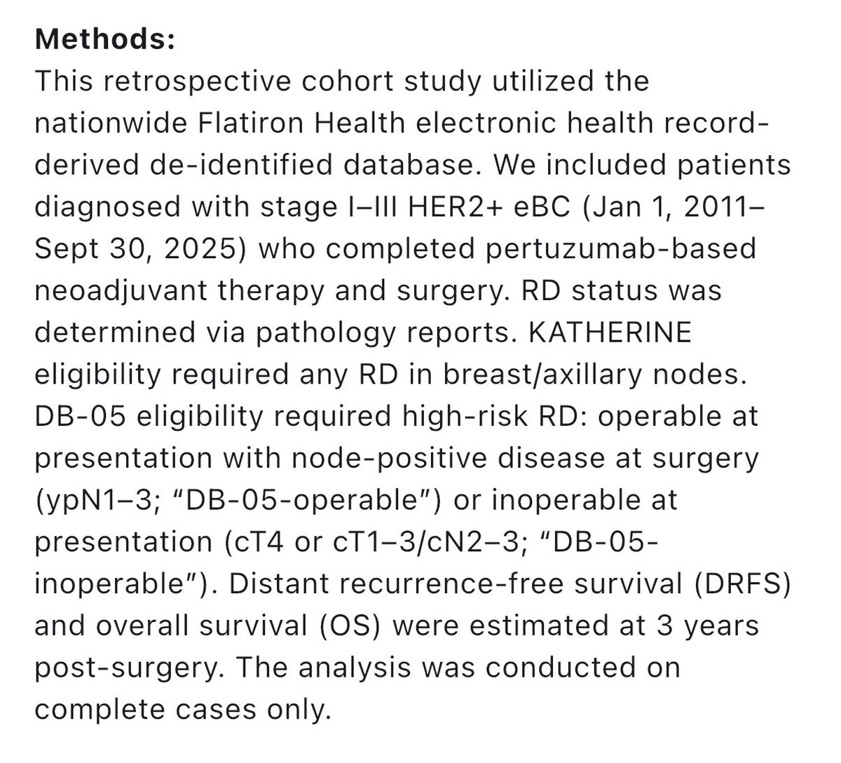 PTarantinoMD's tweet photo. Adjuvant T-DXd is approved for pts with HER2+ BC and high-risk RD by DB05 criteria. What about pts with lower risk RD? We looked at ~10.000 pts in Flatiron, finding that 52% have low-risk RD, with 3yr DRFS 94%, suggesting that T-DM1 remains an adequate SoC for them. #ASCO26 Ab545 https://t.co/95xFq5O3Gq