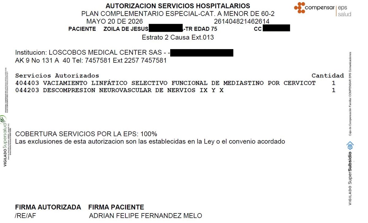 libia0215's tweet photo. Tenemos el volante de autorización con cobertura al 100% por Plan Complementario , pero en Los Cobos Medical Center @LosCobosMC  el silencio es absoluto y no asignan la fecha de la operación. Mi madre tiene un diagnóstico urgente. El plazo del Juez ya expiró. @Supersalud https://t.co/7m0xFZQblT