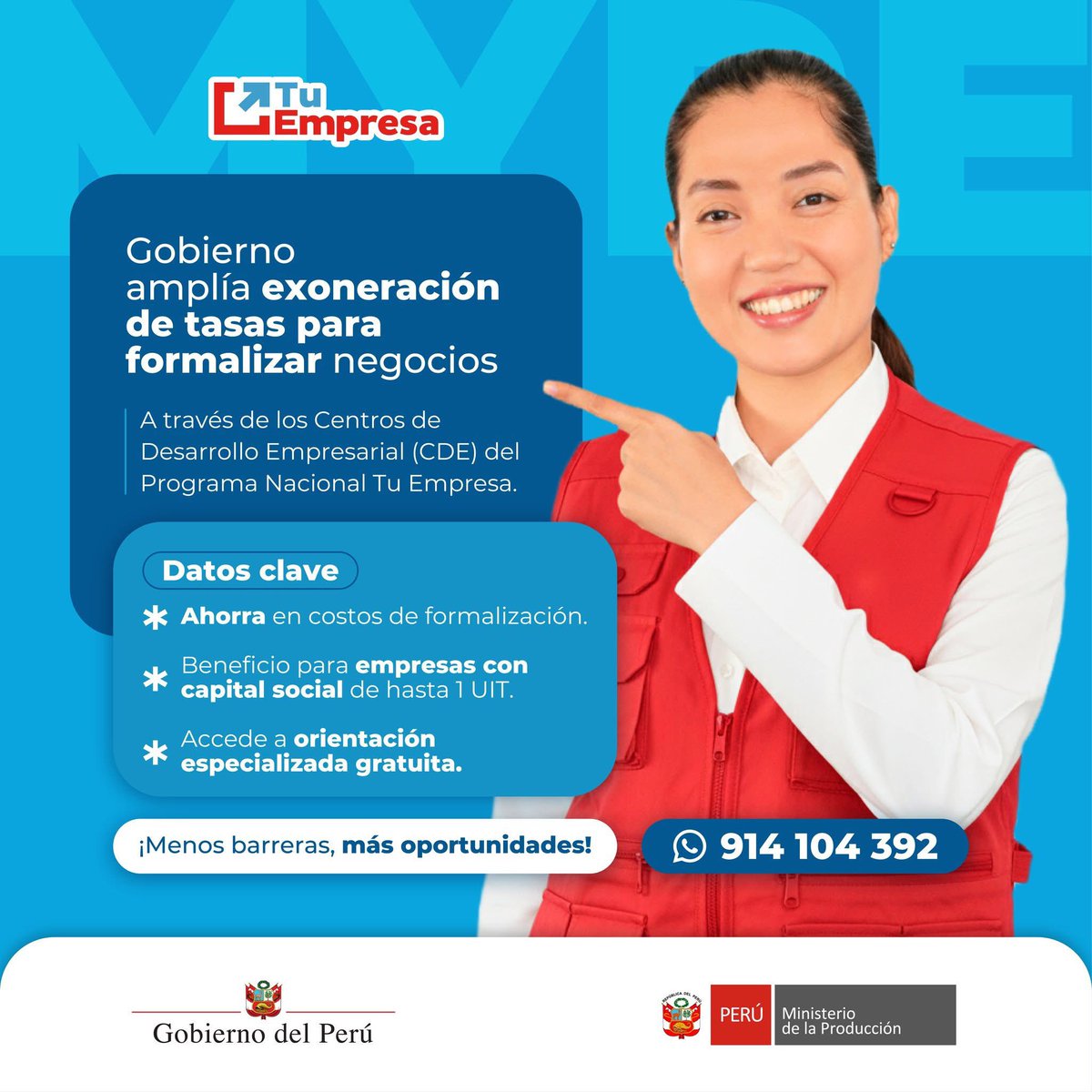 tuempresagobpe's tweet photo. 🚀 ¡Formalizar tu negocio seguirá siendo más fácil y accesible!
El Gobierno amplió por 3 años más la exoneración de tasas registrales para quienes constituyan su empresa mediante los Centros de Desarrollo Empresarial del Programa #TuEmpresa. https://t.co/LMiW1hwXKn