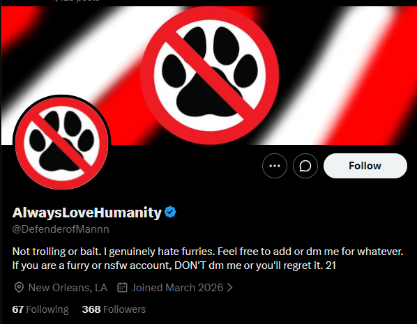 AntiFursMatter's tweet photo. that guy is purely hatred towards furries so thats cool, but whenever I scroll down, his motive is worse than furries. https://t.co/zynRYBMRmi