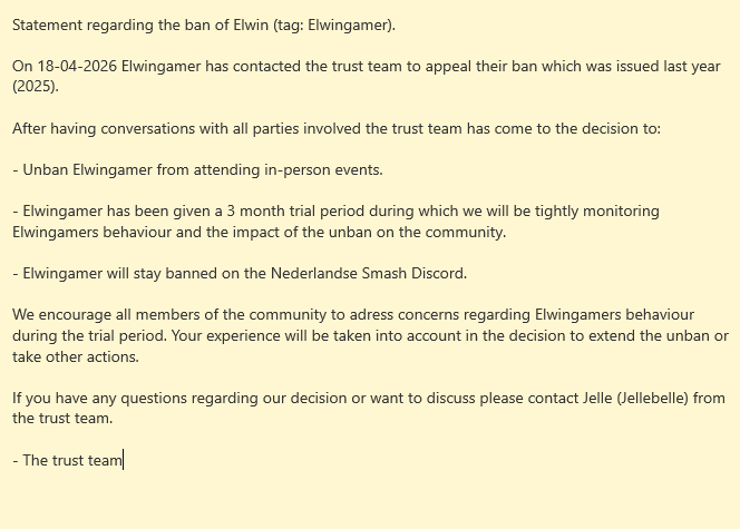 ConsumingChalk's tweet photo. Elwingamer has been unbanned, but this was never shared with nearly the same publicity. Below is the trust team's statement.

Elwingamer has confessed to ~40 counts of misconduct of various kinds, ranging from unwanted advances to intimacy with a minor. This unban is a disgrace. https://t.co/DowunZ3X5H