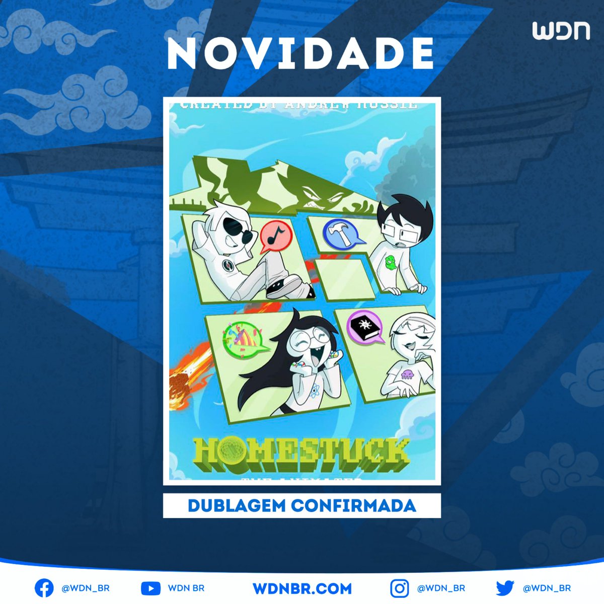 wdn_br's tweet photo. 🌀 Quatro amigos entram em um misterioso jogo capaz de alterar a realidade… mas acabam desencadeando o fim da Terra enquanto tentam criar um novo universo.

✨ A dublagem em português do piloto de 'Homestuck' estreia amanhã no canal da VivziePop no YouTube! https://t.co/KTKlSmLR5c