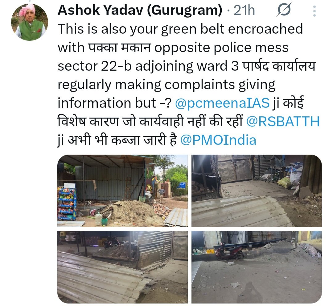 Ashokgarden1956's tweet photo. @cmohry from 13.05.26 to 29.05.26 at 7.45 am no action taken on encroachment on green belts belongs to @gmda by nodal officer appointed by Haryana Govt #RSBATTH this site near Ward 3 पार्षद office https://t.co/HTZt0lXeQD
