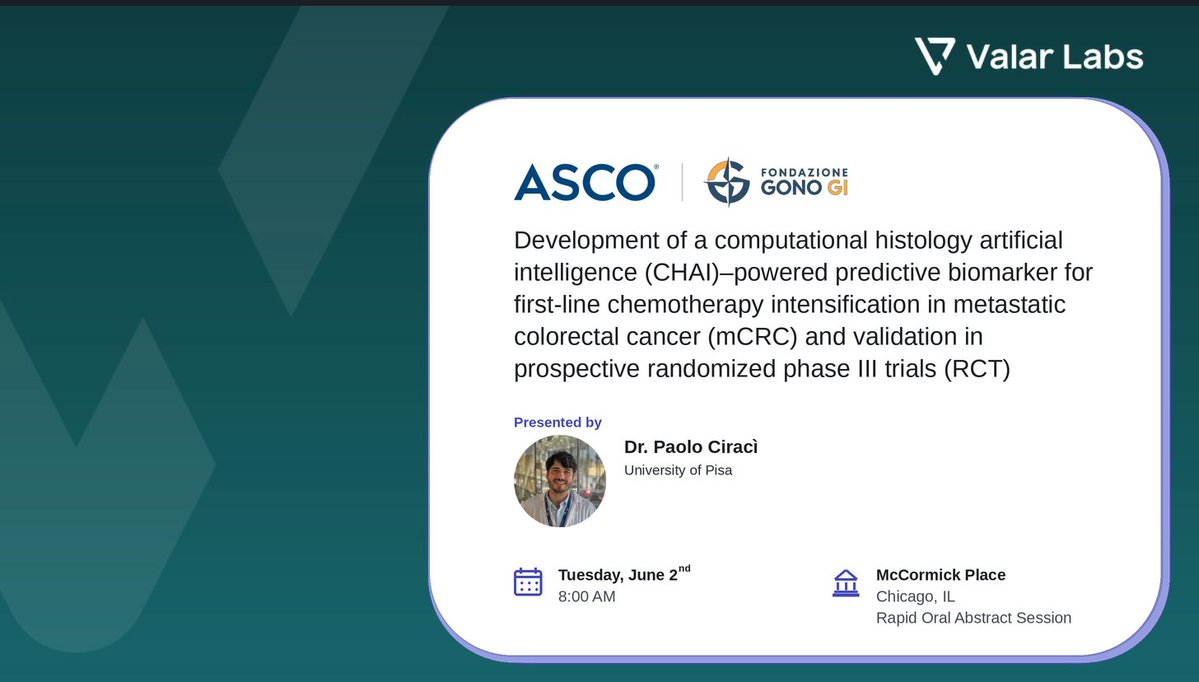 valarlabs's tweet photo. @ASCO 26 we are presenting for the first time a Computational Histology AI (CHAI) biomarker validated across multiple phase 3 prospective RCTs to identify patients who would benefit from intensification of chemotherapy in first line metastatic colorectal cancer.

In collaboration with @FoundationGono @ChiaraCrem1 @p_ciracimd and many more