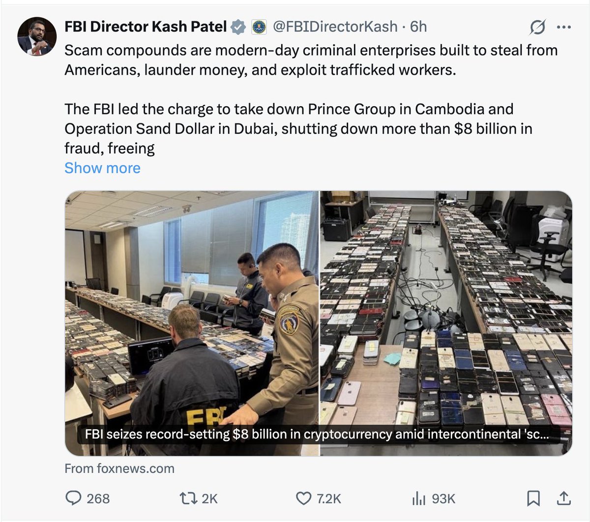 jacobincambodia's tweet photo. The FBI's "$8 Billion Operation Blackout" Is Six Months of Old Cases in a New Wrapper

Most of what's in today's "Operation Blackout" announcement isn't from this week. Chen Zhi's $15 billion bitcoin forfeiture was filed back in October. Starlink cut the Myanmar terminals around the same time. Shunda compound charges, April. Kok An sanctions, also April. Even those seized-phone photos the bureau is putting out today appeared in an FBI writeup back in March.

What's new is the name. "Operation Blackout" pulls four operations into one banner, tallies up the totals, and arrives with a Patel quote and a "FIRST ON FOX" tag. The work was done by the Royal Thai Police, the Burmese army, Dubai's police, and Chinese investigators over the better part of a year. Worth keeping that in view when one agency rolls it all into a single headline.