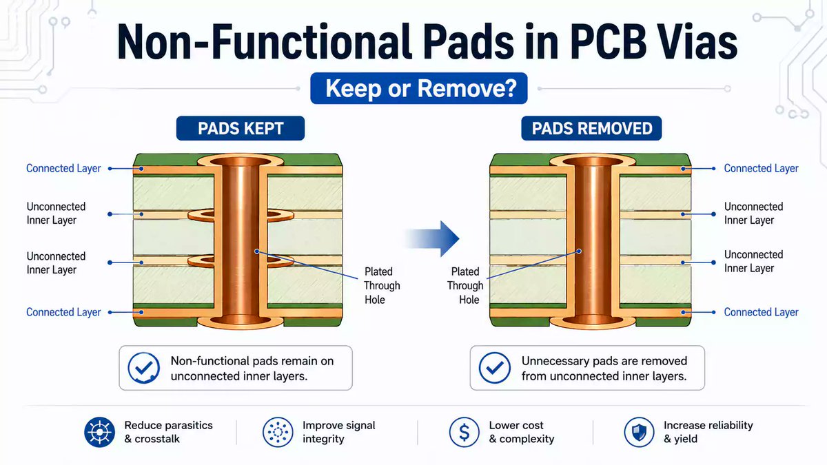 PCBFastTurn's tweet photo. Should non-functional pads in PCB vias be removed?
Not always. Removing them can improve routing space and high-speed performance, but keeping selected pads may support reliability in thick, rigid-flex, or high-stress boards.
#PCBDesign #DFM #HDI #PCBManufacturing https://t.co/V0Tct7jxhV