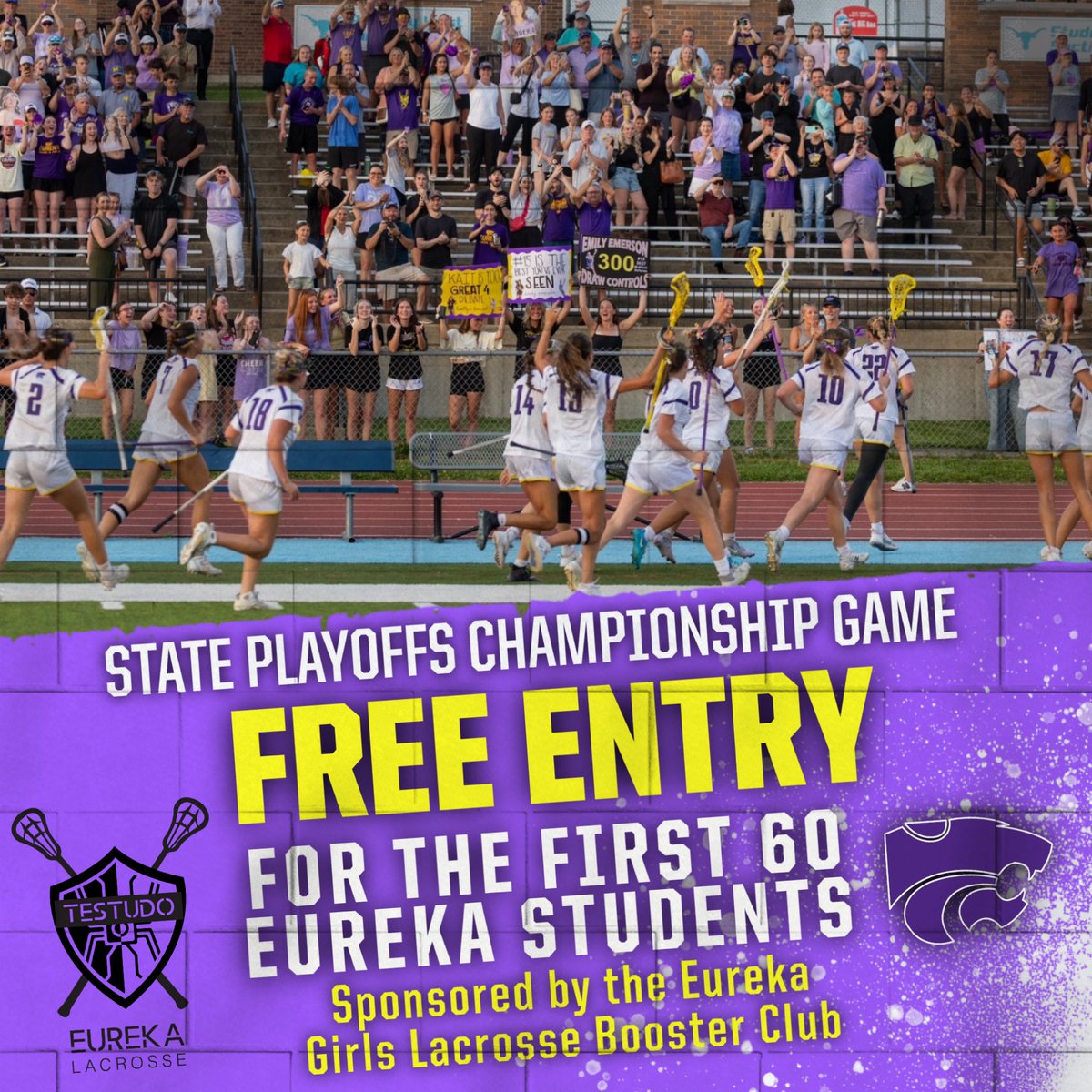 EHSwlax's tweet photo. The EHS Girls Wildcats are headed to the STATE CHAMPIONSHIP Saturday to battle Ladue for the title — and they need the stands PACKED in purple &amp; gold!

📍 Parkway West High School
📅 Saturday, May 30
⏰ Championship Game at 1:00 PM

BE LOUD. BE PROUD.
GO WILDCATS. 💜🥍💛 https://t.co/Id9IaP7zmB