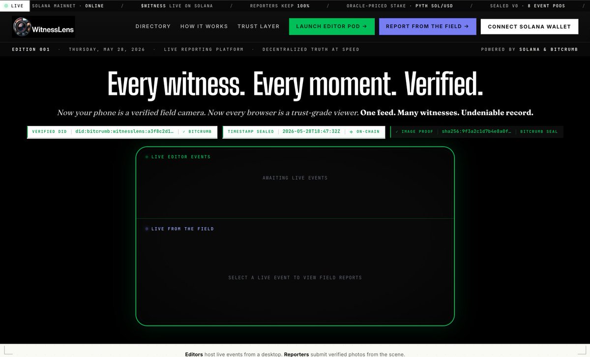 WitnessLens's tweet photo. 🛠️ Just now we launched the $WITNESS token,
for the @EasyA_Kickstart Solana Hackathon on https://t.co/wC0kDqVcSy platform.

Whitepaper in 1st comment reply below.

The story behind it, why we built this, who it's for, and what comes next.

Episode 1 of Chain Craft. A new series for builders shipping real utility on Solana and XRPL.

Built by Crumby Labs x Axiom Logic LLC

https://t.co/8tgrCxeafX
