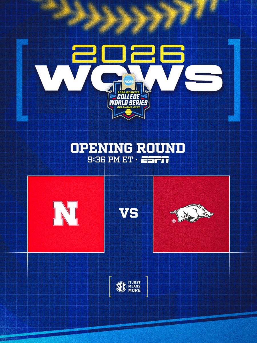 SEC's tweet photo. Capping off opening night in OKC!
#WCWS OPENING ROUND
🥎 @RazorbackSB vs. Nebraska
📺 ESPN & in the ESPN app: https://t.co/kgMbAhEEy3
#SECSB x @NCAASoftball https://t.co/GXIv84aYbg