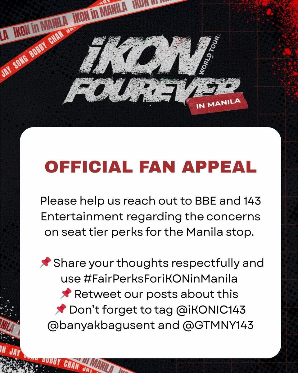 KonicAveINTL's tweet photo. We always show up and give our 100% for iKON, so it hurts to see Manila get shortchanged on benefits compared to other stops. 💔 We just want the value of what we’re paying for. Let's speak up politely but firmly, Filipino iKONICs!

​@banyakbagusent @iKONIC143 

#FairPerksForiKONinManila
#아이콘 #iKON
#iKONinMANILA