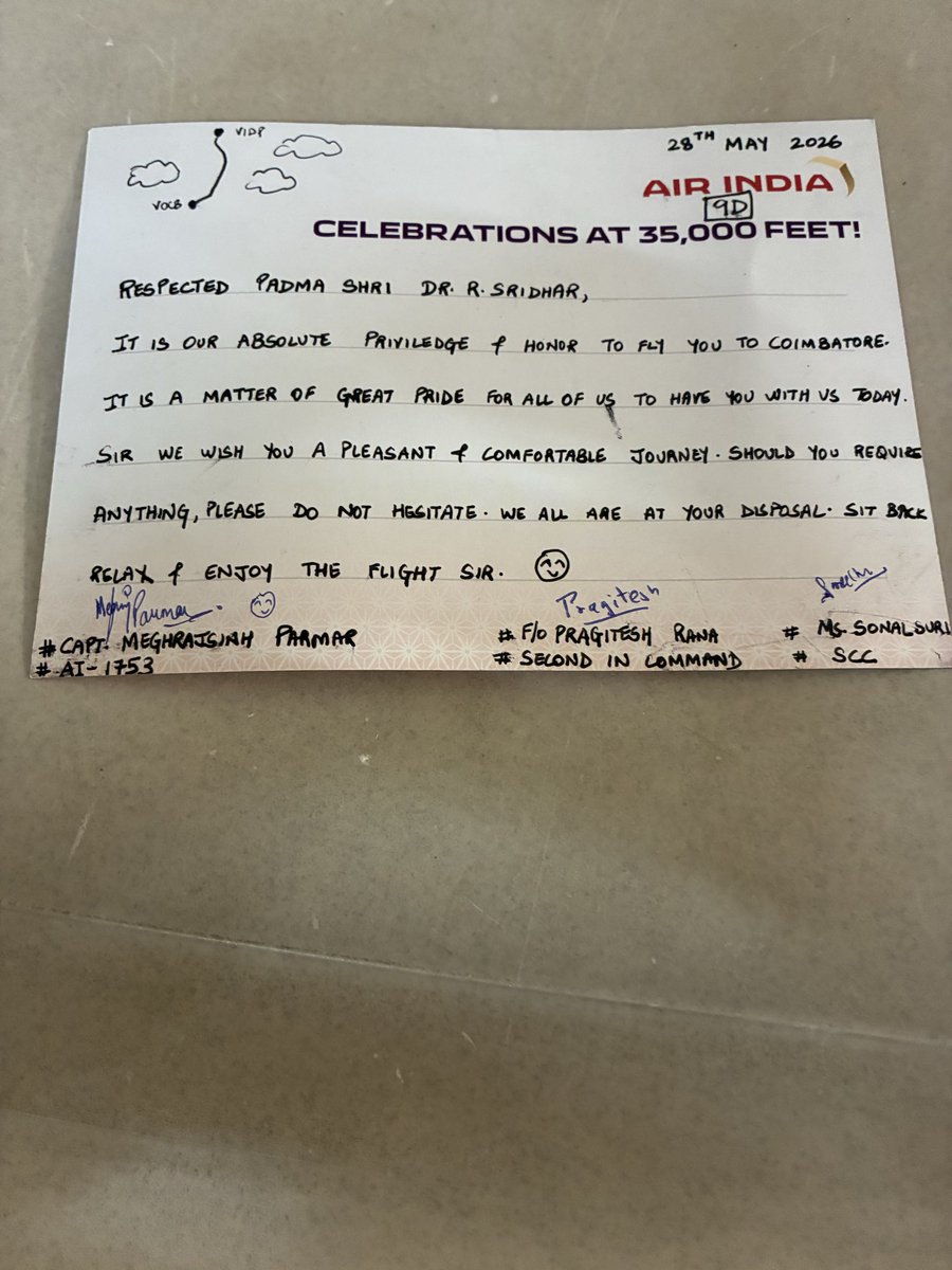 rsreedher's tweet photo. I was returning to Coimbatore after receiving Padma Shri on 28th May 2026 by Air India . Pleasantly surprised that the captain and his second in command identified me at the Delhi airport itself , congratulated me and made a special mention in his initial message to fellow passengers . Even more surprised when the cabin crew handed over this card along with a sweet dish from the captain . In
My 50 years of flying experience I haven’t seen such a warm reception and hospitality @airindia @PMOIndia @CMOTamilnadu