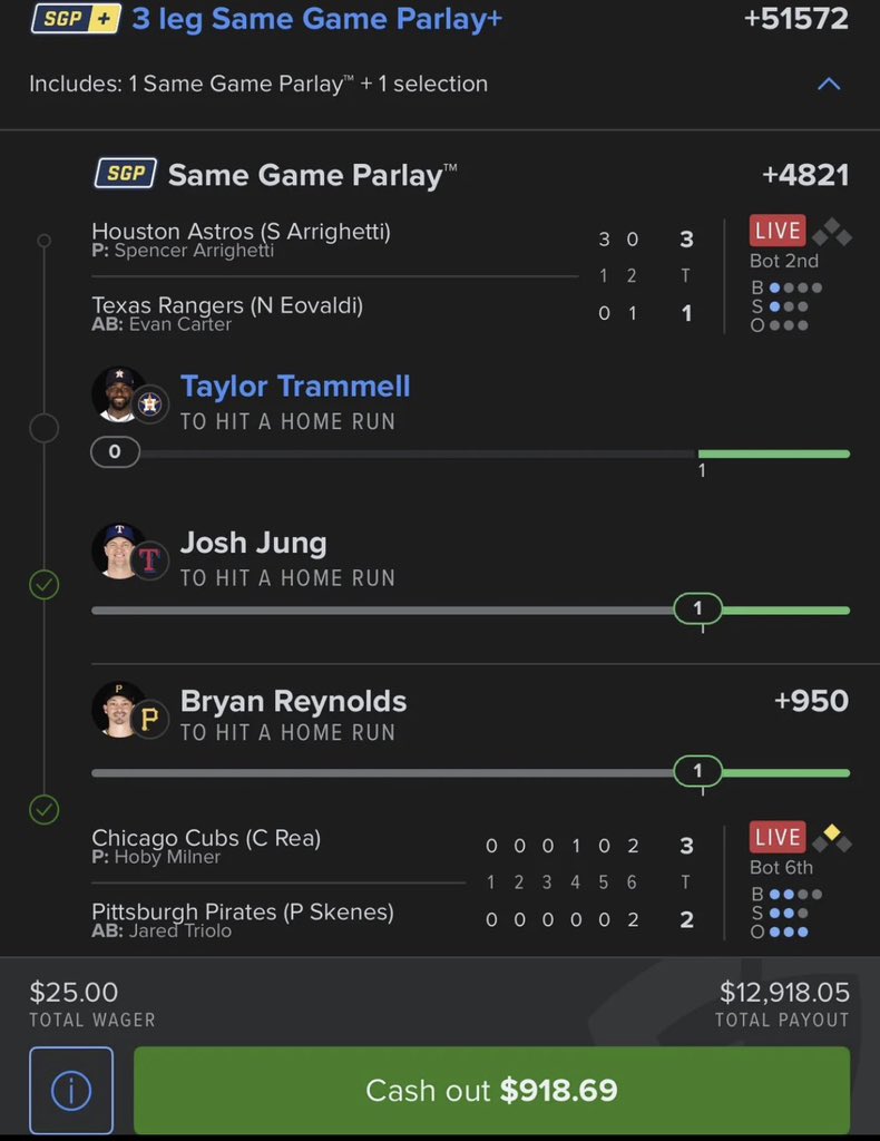 FcSlipz's tweet photo. $25 ➡️ $12.9K loading… 👀 
Bryan Reynolds ✅
Josh Jung ✅
Taylor Trammell… finish the job 😭
#Gambling𝕏 https://t.co/y7R9sP5vQ6