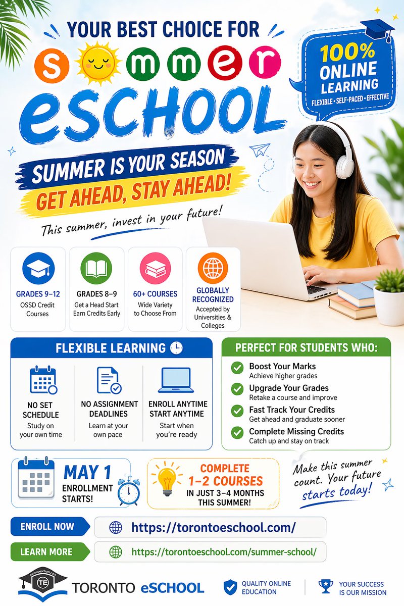 TorontoeSchool's tweet photo. Registration for the 2026 e-Summer School OSSD Credit Program is Now Open:
Online Summer School is the perfect way to earn high school credits for students in grades 9 to 12, as well as for adult 18+ learners working towards their high school diploma.  #ossd #summerschool https://t.co/KFYPuXQdiy