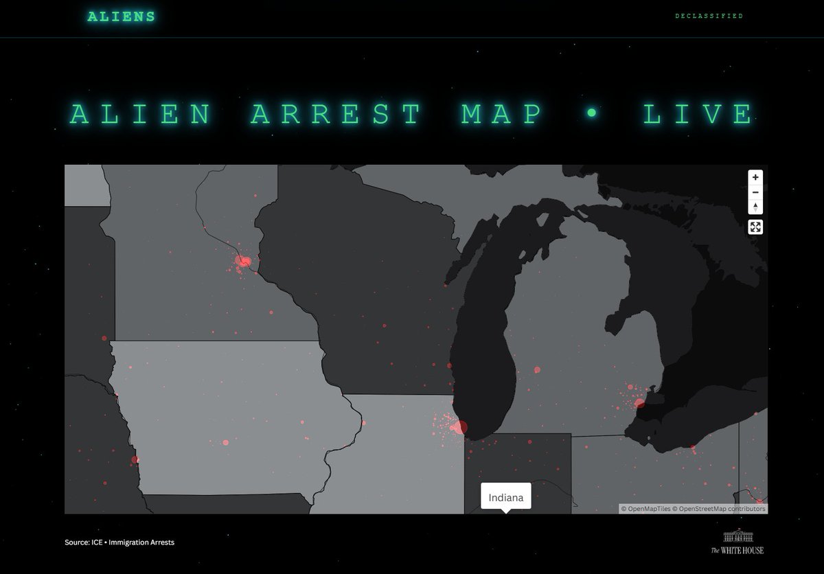 JasonCalvi's tweet photo. The White House's “Alien Arrest Map” reports so far in the second Trump administration:

Milwaukee: 429 immigration arrests
Detroit: 1,696 immigration arrests
Chicago: 3,456 immigration arrests https://t.co/XiLSyWWJc3