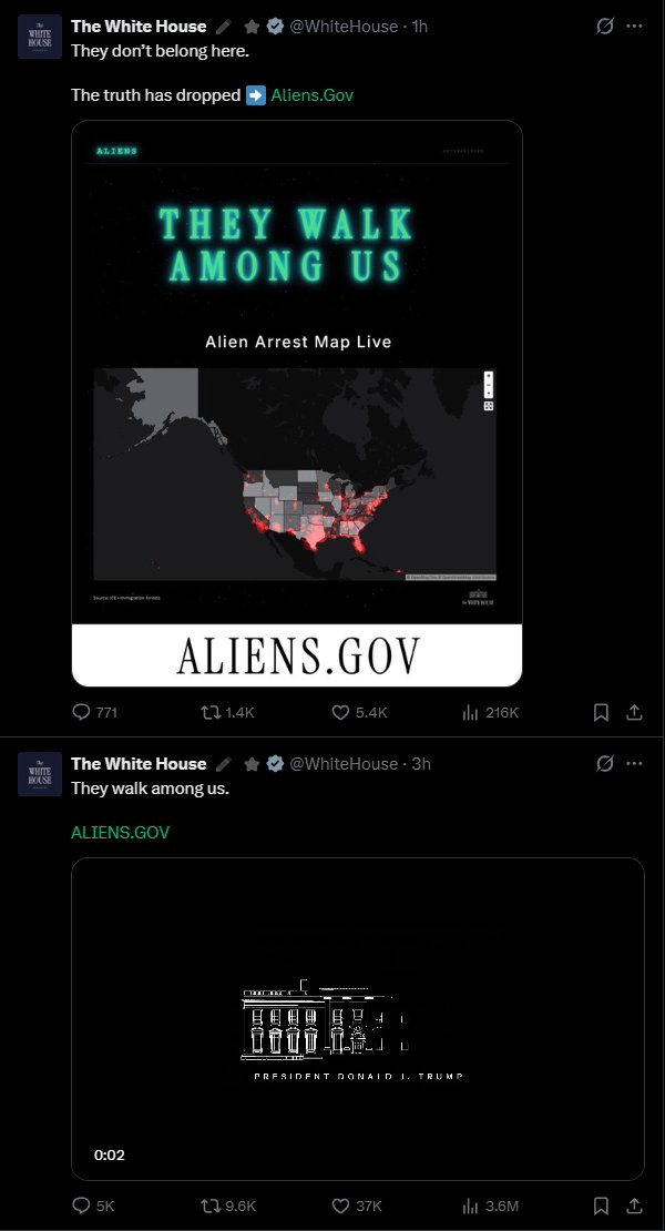 Motier_crypto's tweet photo. $ALIENS 445K
CA:C9UM3Bf43GDHMi4wM3BkqpqQ3DovYn8hqTfx21zipump

The White House dropped a sci-fi alien invasion meme — highly satirical and heavily politicized — to take a shot at the U.S. illegal immigration and border crisis. It went viral instantly. Pure, natural meme material.

"Aliens" works as a double entendre here: it means extraterrestrials, but it's also the classic term for "illegal aliens."