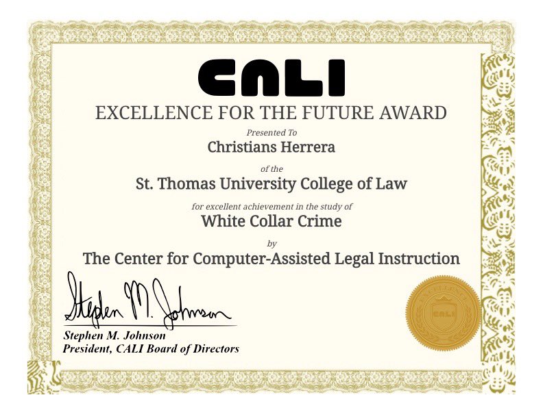 EdPaltzik's tweet photo. Christian Herrera 

My Friend, Student & Protégé

May 2026: A Month to Remember 

1) Earned his J.D. from Saint Thomas University College of Law;

2) Earned CALI Award for the highest exam grade in My Class, "White Collar Crime";

3) Earned CALI Award for the highest exam grade in "Criminal Procedure II";

4) Earned "Mighty Machine Award" for the highest overall grade in My Class, "White Collar Crime";

5) Earned and Accepted an invitation from Me to join our rogues' gallery of law-talking people at Taylor Dykema after he conquers the Florida Bar Exam this coming July.

Key Word here is "Earned." Congratulations, Christian! Very proud of you for finishing like a champion at STU Law---you came to the wire like Secretariat! August can't come soon enough.